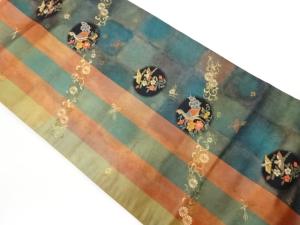 長谷川織物製　丸に花鳥・菊唐草模様織出し名古屋帯